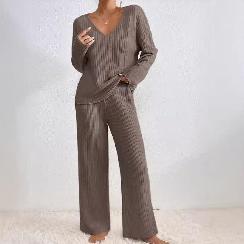 Women's Set of Loose Casual Long-sleeved V-neck Pit Striped Brushed Top and Trousers 2-piece Set