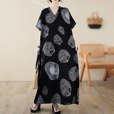 Manga curta plus size algodão vintage floral novo em vestidos para mulheres casual solto longo vestido de verão