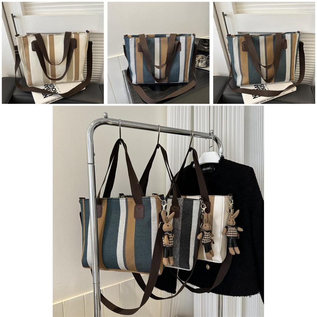 Large Capacity Striped Canvas Tote Bag Autumn Winter 2023 New Street Style Casual Shoulder Crossbody Bag