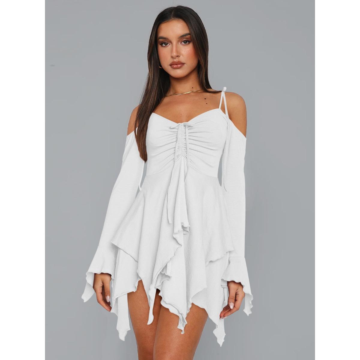 women s Off Shoulder Long Sleeve Drawstring Ruched Irregular Hem Mini Dress Spaghetti Strap Sexy Party Club Dress S