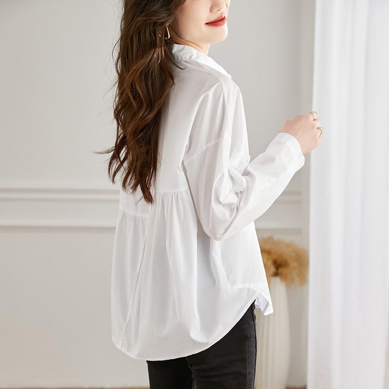 Design-sensing Pure Cotton White Top for Women Long-sleeved Spring Latest Commuter Versatile Top Simple and Chic Top