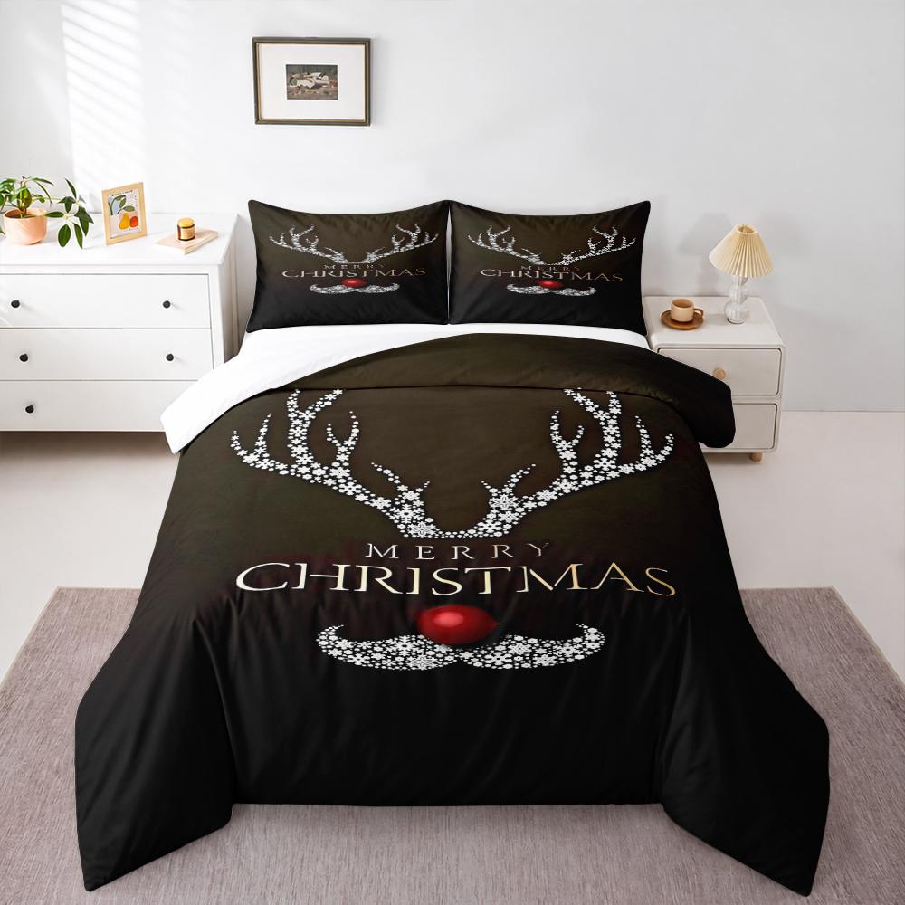 Snowflake Reindeer Antlers Christmas Bedding set (1 duvet cover, 2 pillowcases, duvet not included), Red Nose Typography Art Print