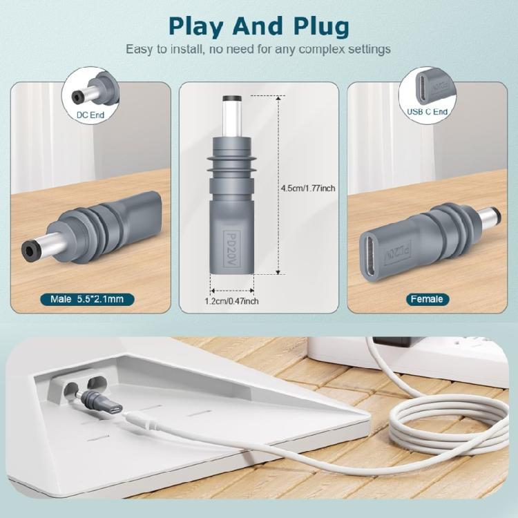 DC5521 Power Cable Adapter USB C Male to 5.5x2.1mm Converter 20V Input for 100W Power Source for Mini