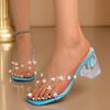 Fashion Elegant Pearl Transparent Heel Slippers Women Luxury Shiny Crystal High Heel Sandal Woman New Thick Sole Silver Slides Mujer