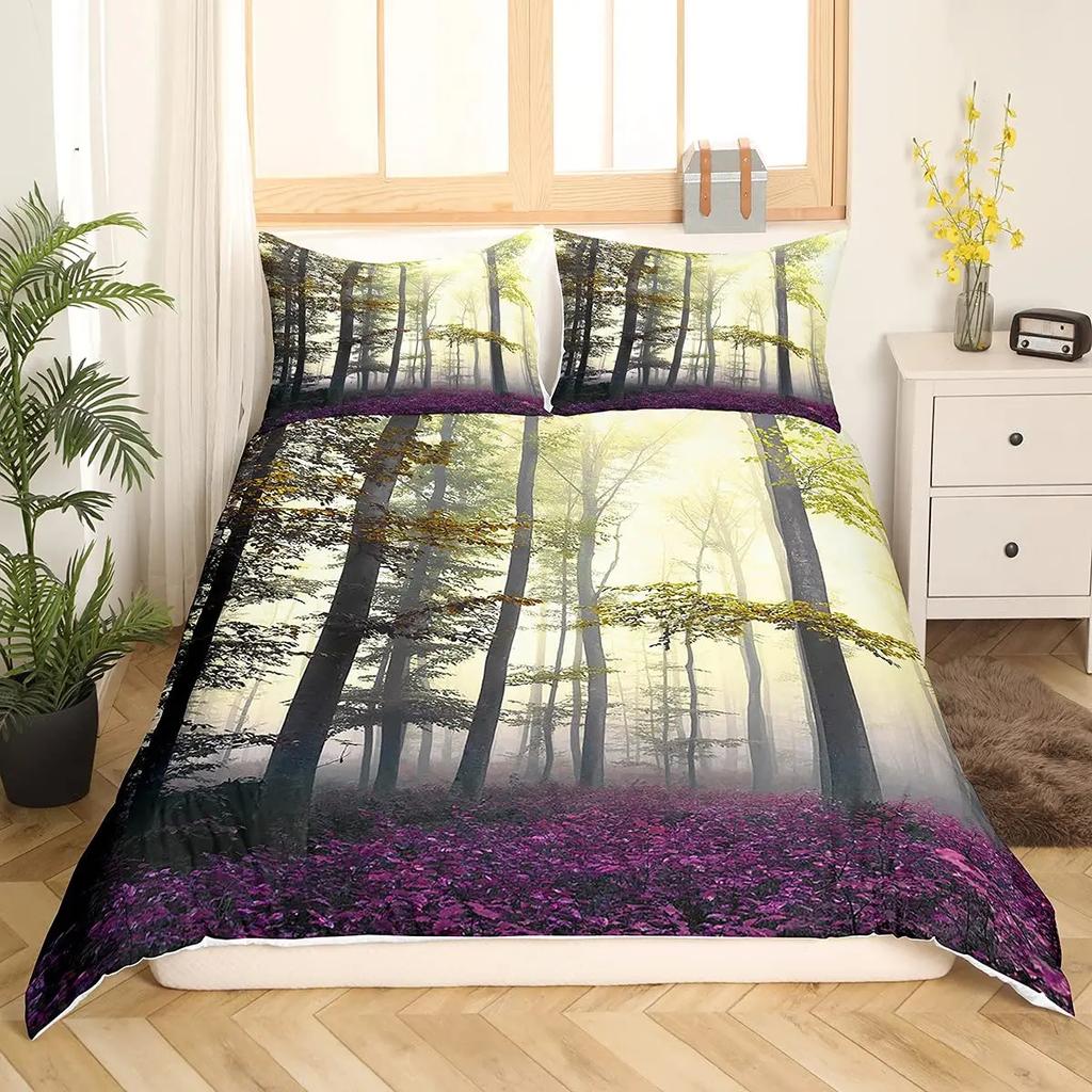 Tree Lush King Queen Bedding Set Dense Birch Trees Duvet Cover Jungle Nature Botanical Quilt Cover Polyester Comforter Cover