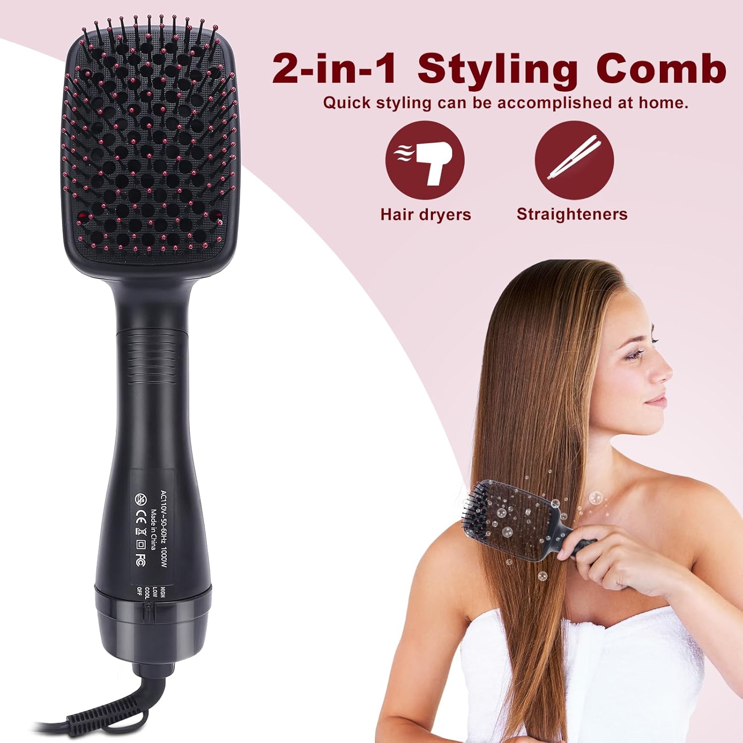Sonew 2 in 1 Hair Dryer Brush & Straightener Brush, Hair Dryer and Styler, Negative Ion Blow Dryer Brush, Hot Air Brush Detangles, Dries, Smooths,