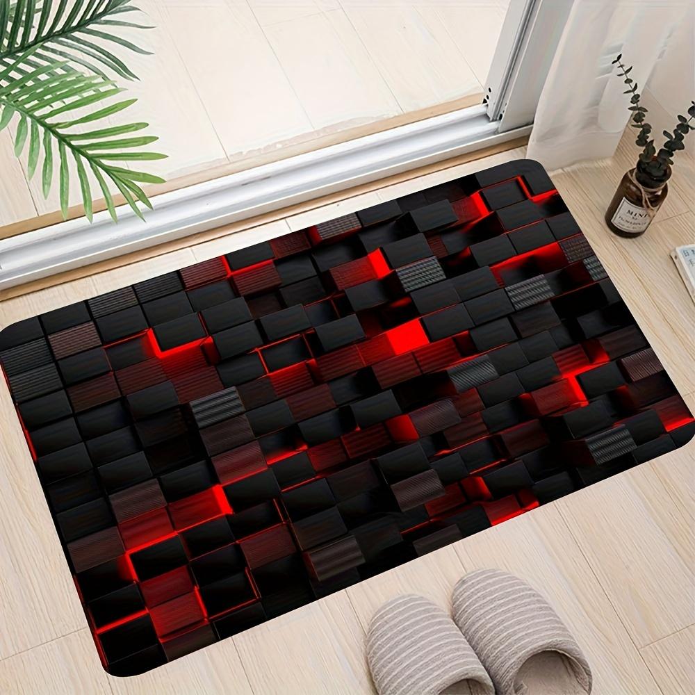 Large Red Black 3D Geometric Square Velvet Mat Plush Machine Washable Floor Mat Living Room Bedroom Corridor Modern Minimalist
