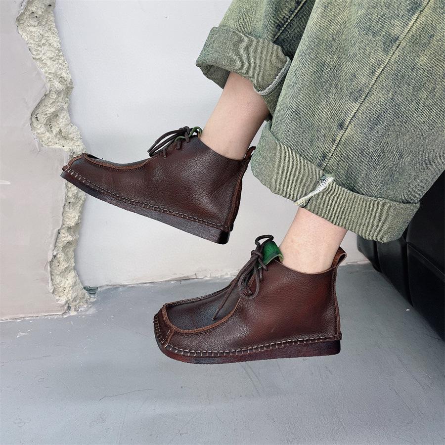 Johnature Square Toe Short Boots Genuine Leather Lace-up Retro Versatile Women Soft Sole Flat Shoes