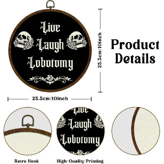KLYTINK Gothic Skull Round Wall Art,Dark Humor-Live Laugh Lobotomy-Canvas Hanging Decor, Punk Rock Alternative Quote Sign for Bedroom, Office, Dorm