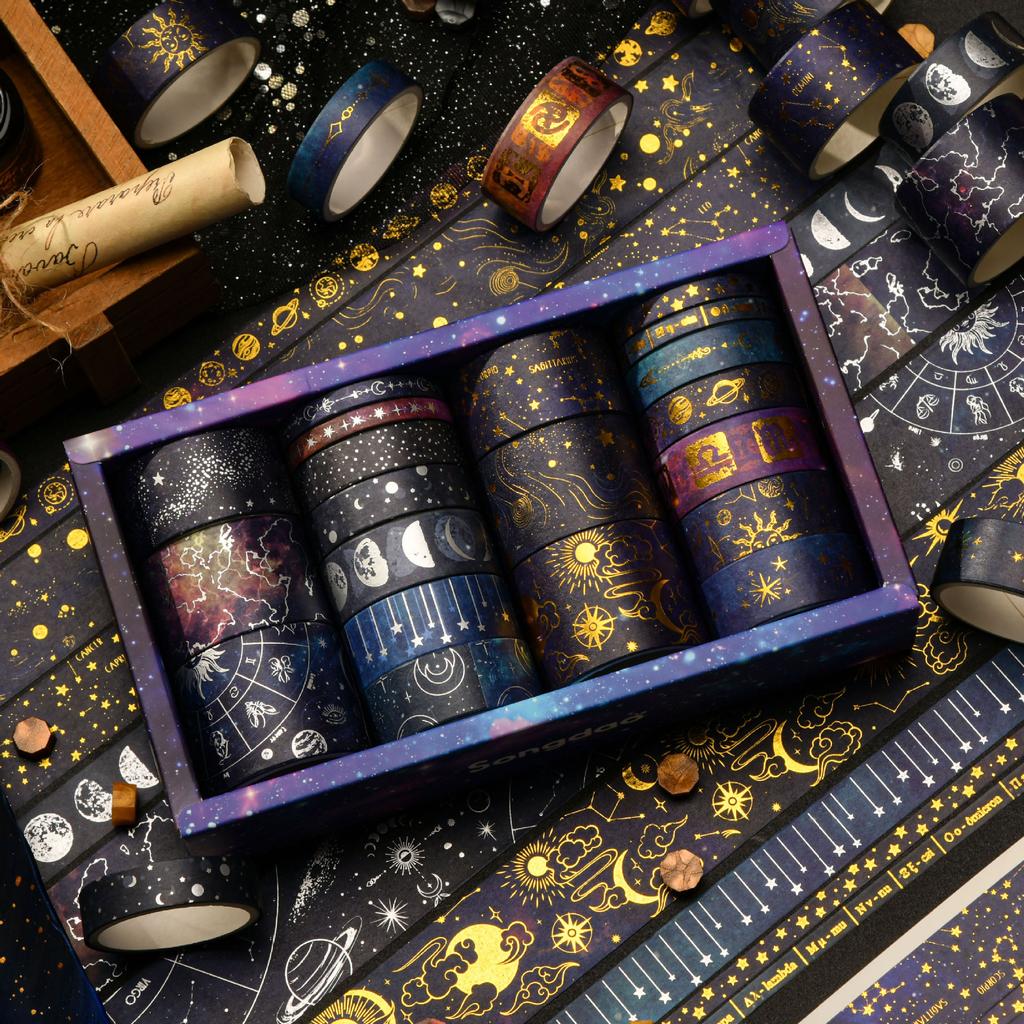 20 Rolls Vast Universe Washi Tape Set Galaxy Star Moon Gold Silver Stamping Adhesive Masking Tapes Decoration Stickers