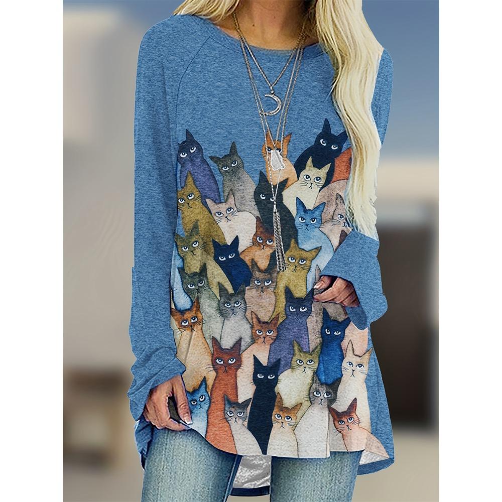 Large Size Autumn Women's 2025 Temperament Elegant 3D Printed Cat Pattern Long Sleeve T-Shirt Best for Autumn