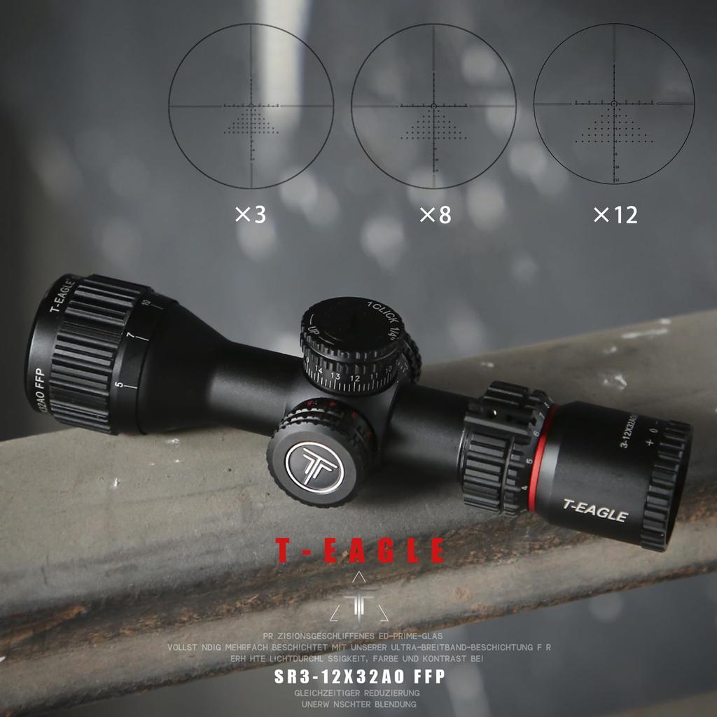 T-EAGLE 3-12x32aoiir FFP Rifle Scope, Variable Magnification Scope, Short Scope for Airsoft, Includes 20mm High Mount Ring