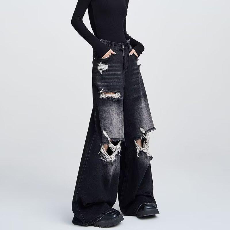Retro High Street Ripped Jeans for Women Fashion Straight Denim Trousers Baggy Wide-leg Pants Y2k Streetwear Female Plus Size