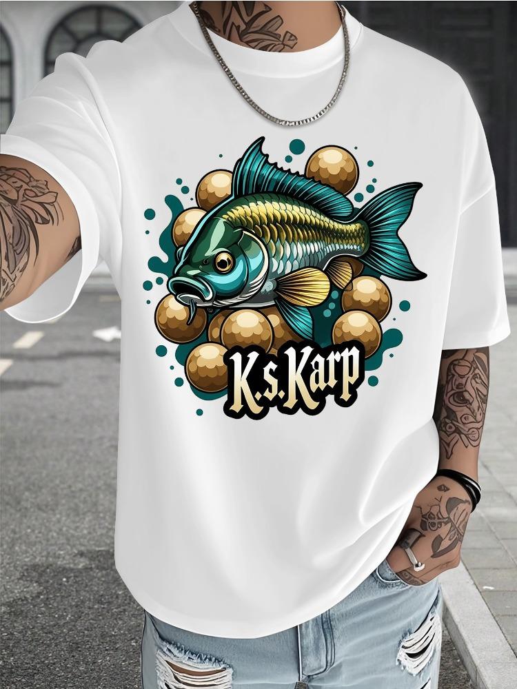 Unisexs Cyan Oversized T Shirt Ks Karp Carp Fish Golden Bubble Graphic Crew Neck Short Sleeve Fishing Lover Casual Summer Male Tops