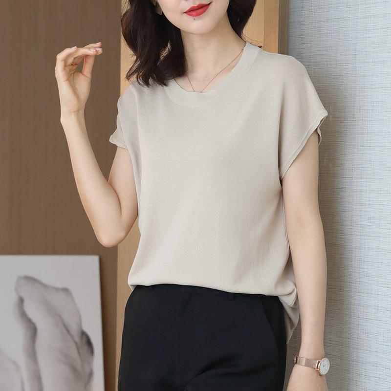 T-shirt for Women's New Summer Loose Solid Color Round Neck Sweater Top Comfortable and Fashionable Versatile Short Sleeves