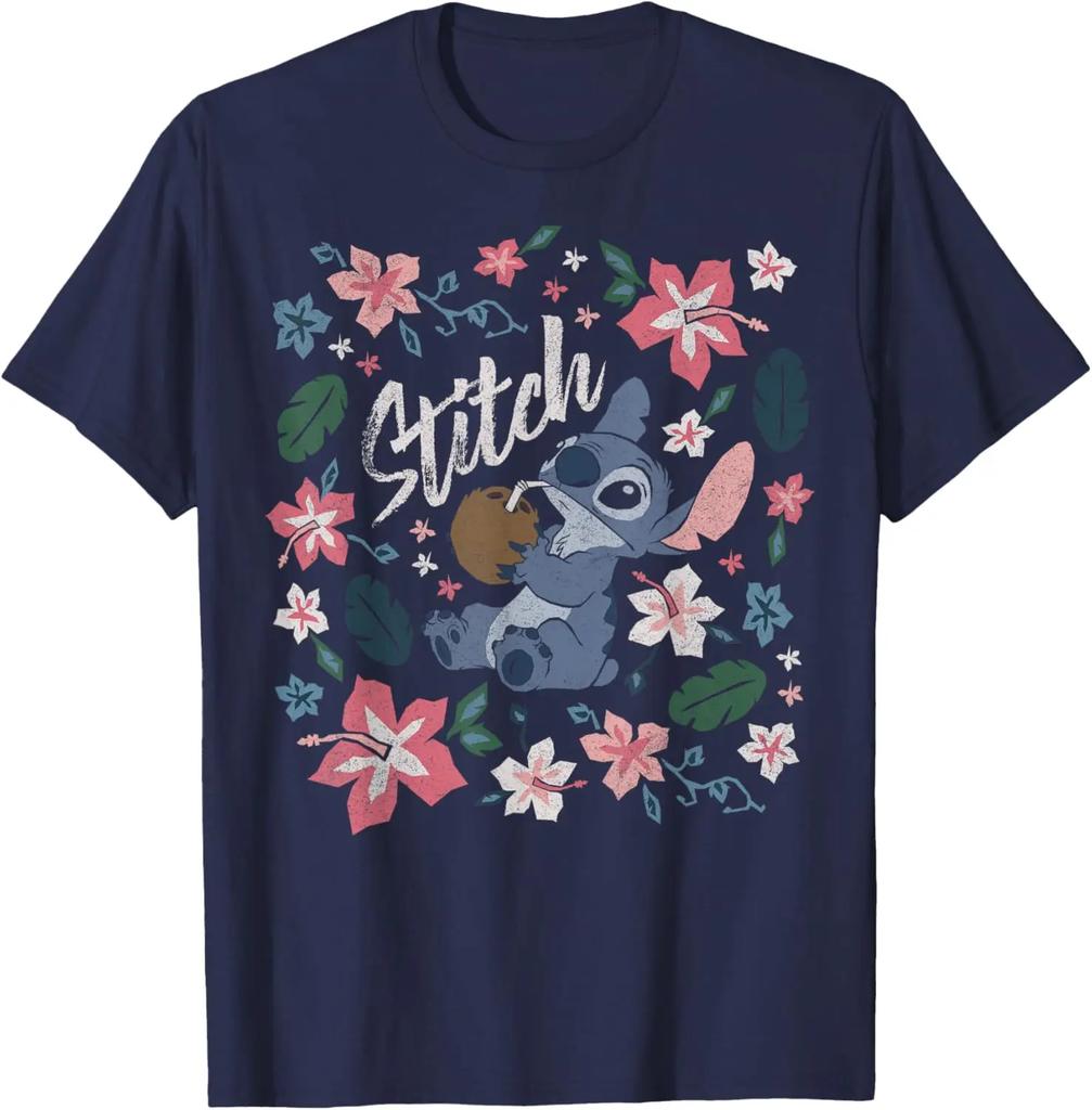 New Lilo & Stitch Floral Stitch Coconut Portrait Short Sleeve Fashion Casual T-Shirt S-4XL Four Seasons Unisex