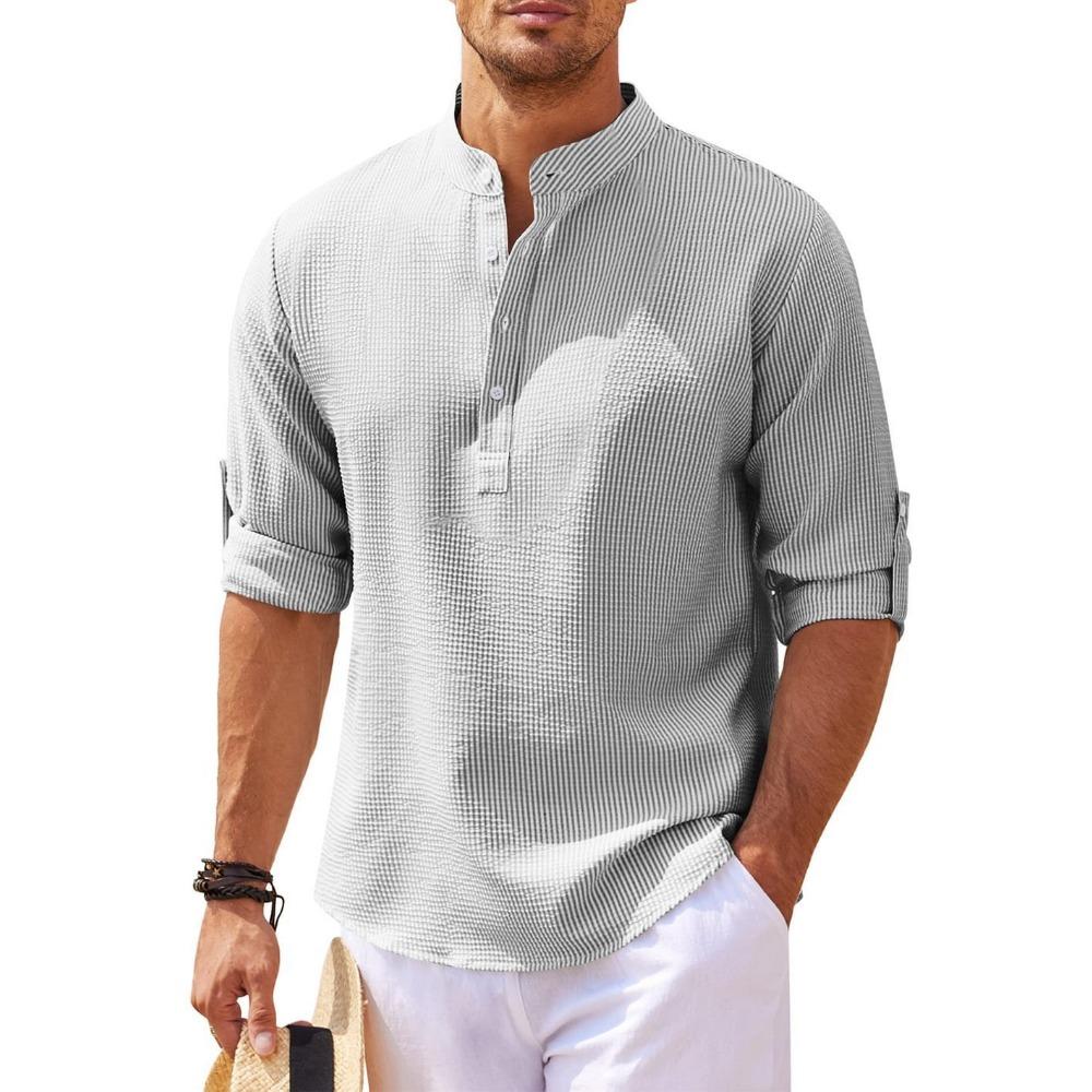 Men's Long Sleeved Stand Up Collar Plaid Casual Shirt