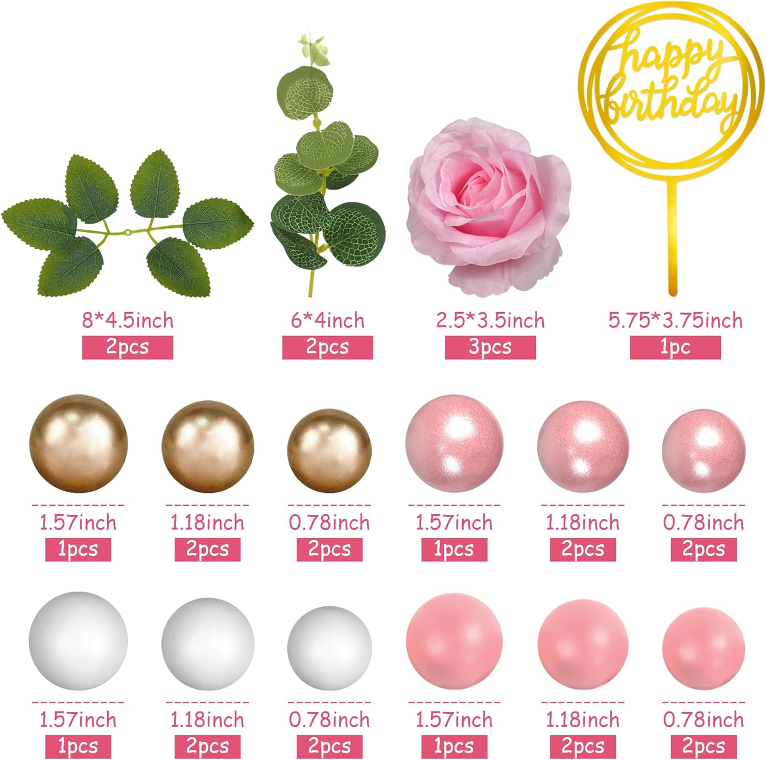 Topper per Torta Palline Rosa Fiore Rosa Palline Oro Bianco per Compleanno Matrimonio Baby Shower Compleanno Forniture per Feste a Tema Boho rosa