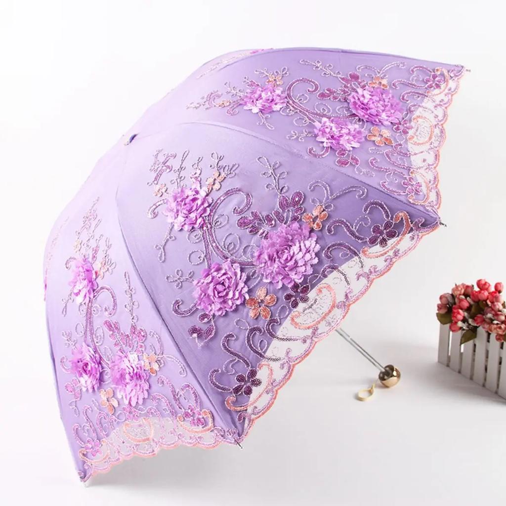 Folded Retro Embroidered Lace Double Layer Vinyl Three-fold Umbrella Wedding Umbrella