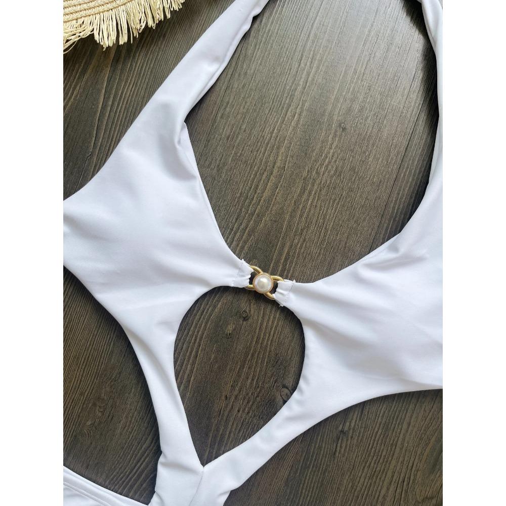 Sexy Cut Out Einteiler Badeanzug Rückenfrei Neckholder Damen Bademode Perlen Patchwork Tanga Badeanzug Rot Weiß Strandbekleidung Monokini