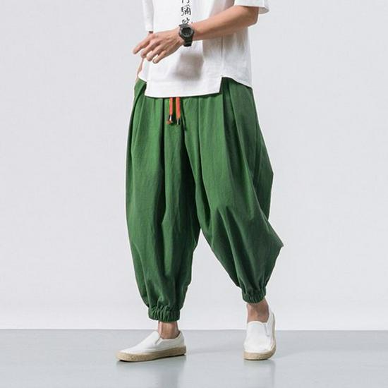 Men's 2025 All-Season Plus Size Cotton Linen Harem Pants with Elastic Ankles - Retro Chinese Style