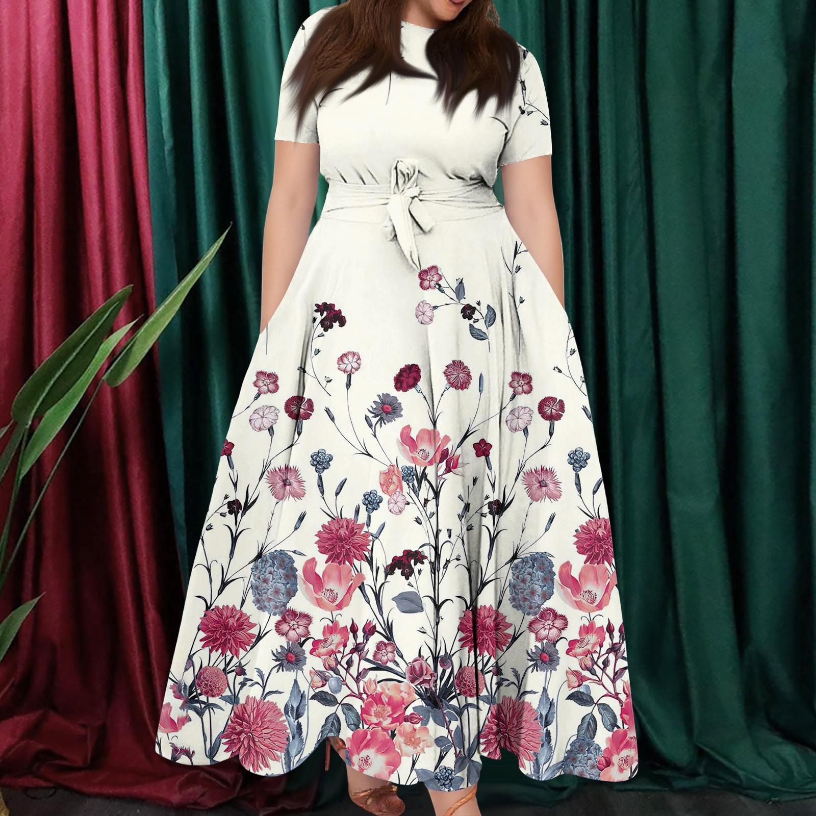 

Женское повседневное модное свободное платье большого размера с принтом, круглым вырезом и короткими рукавами, карманными бретелями XXXXL розовый