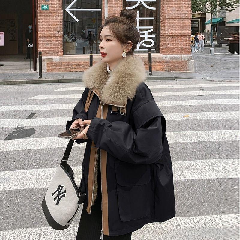 High-end fur integrated Parker cotton clothes women's winter new plush thickened large fur collar cotton-padded coat