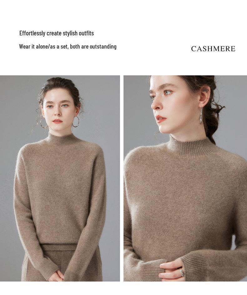 Women's High Neck Solid Color Cashmere Loose Pullover - Long Sleeve Casual Autumn/Winter Knit Sweater