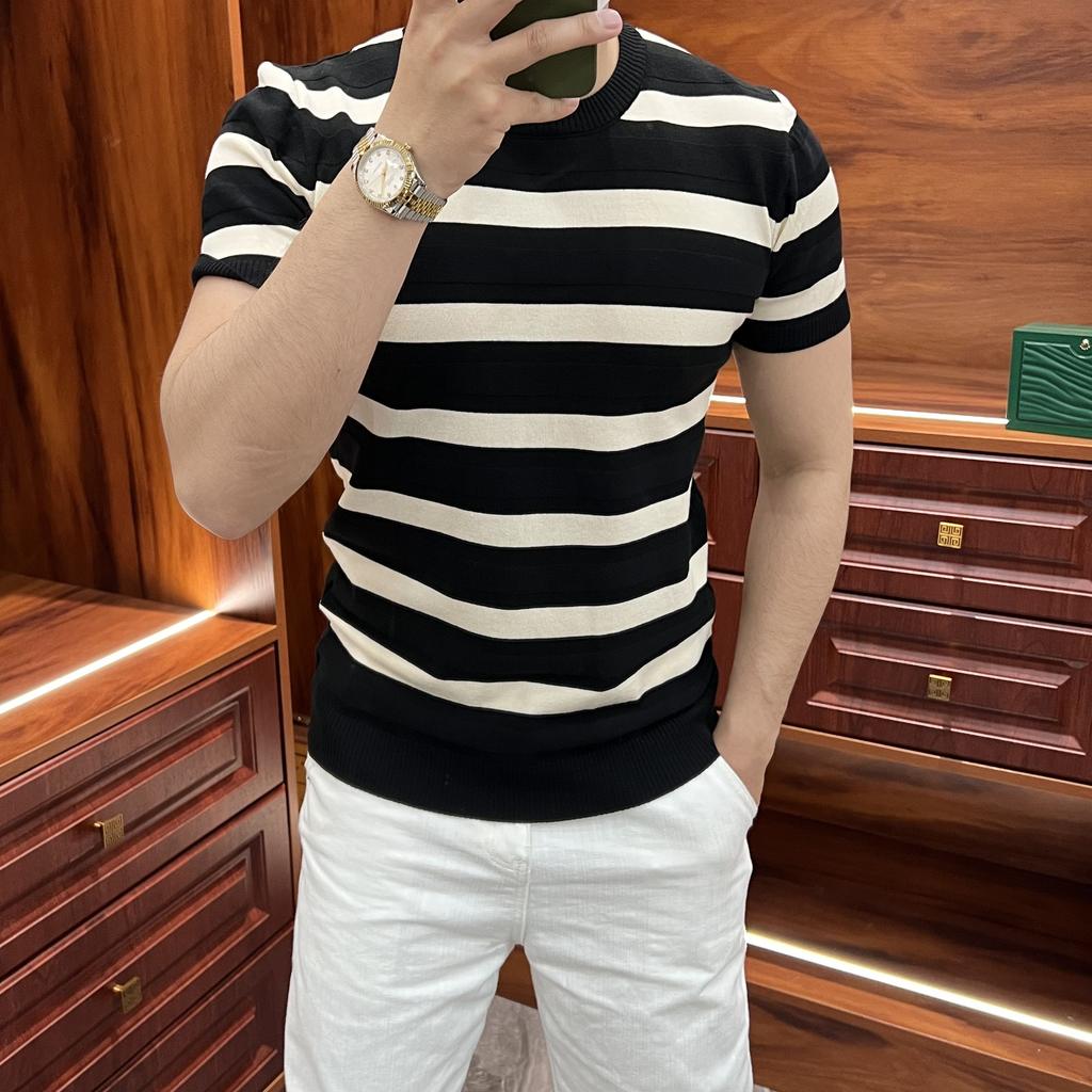 Summer Breathable Versatile Short Sleeve Slim Fit T-Shirt Casual Textured Thick Stripe Trendy Men's Knitwear