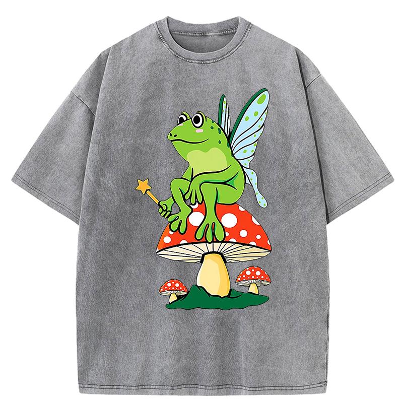 Frosch FeeCore Pilz Druck Damen Gewaschenes T-Shirt Baumwolle Lässig T-Shirt Locker Hip Hop Kurzarm Vintage Kleidung
