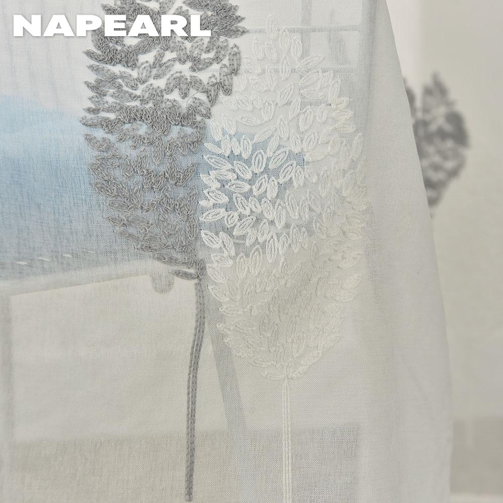 1PC NAPEARL 10%-20% Shading White Transparent Floral Embroidered Grey Leaves Tulle Sheer Voile Curtain for Living Room Bedroom