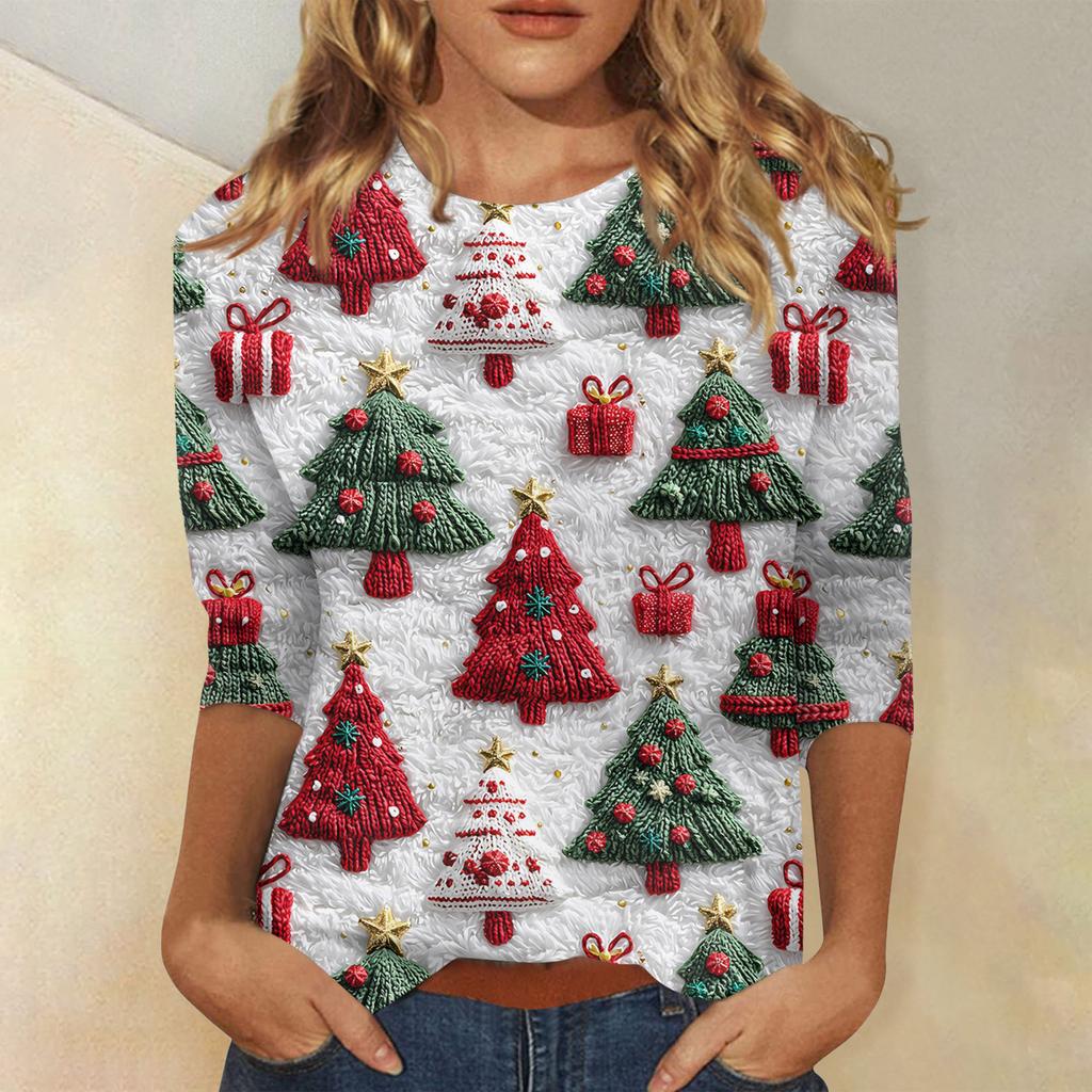 Women's Fashionable Casual Three-Quarter Sleeve Christmas Print Round Neck Top