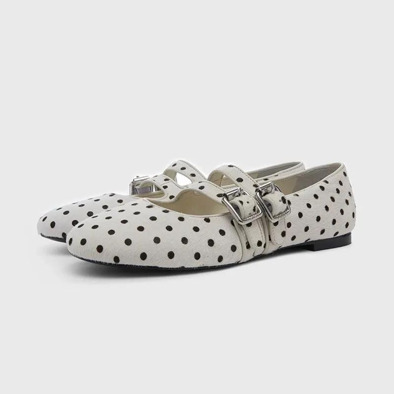 Fashion French Speckled Round Toe Shallow Mouth Double Strap Mary Jane Single Shoe Women's 2025 Spring Versatile Ballet Flat Shoes
