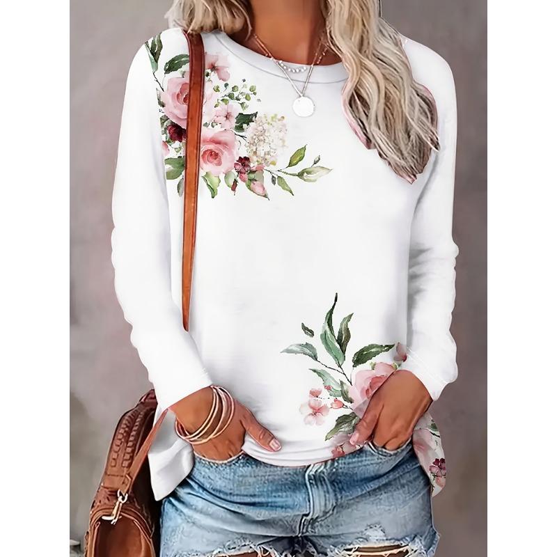 Fall/Winter Daily Women's Casual Top 3D Flower Print Women's Long-Sleeved T-Shirt Street Urban Fashion T-Shirt