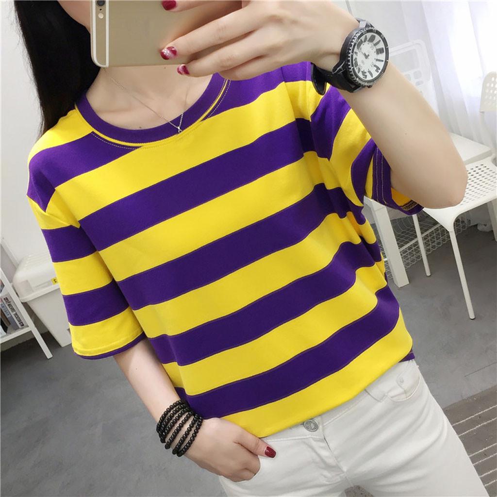 

Women Striped Printed Short Sleeve Blouse Tunic Round Neck Tops Girls T-Shirt M фіолетовий