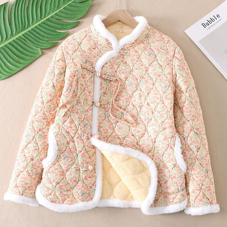 Women's Stand Collar Floral Padded Jacket - Chinese Style Winter Coat with Retro Frog Buttons and Ethnic Design, Plus Velvet for Warmth.