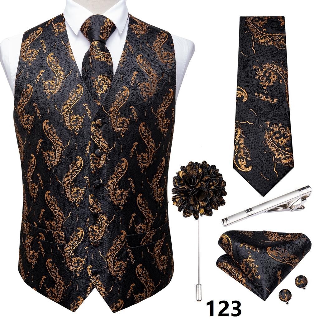 Anzug-Westen-Set für Herren, Schwarz, Rosa, Grün, Paisley-Weste, Krawatte, Einstecktuch, Manschettenknöpfe, Blumen-Corsage, Silberne Krawattenklammer, Hochzeit, Business