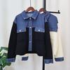 Autumn and Winter New Splicing Denim Knitted Cardigan Short Loose and Versatile Design Sweater Jacket Women