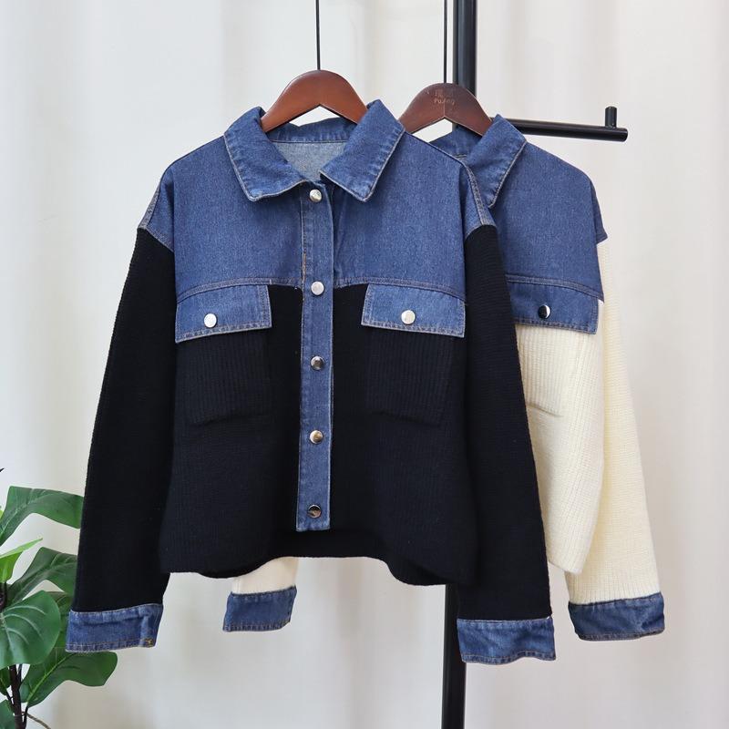 Autumn and Winter New Splicing Denim Knitted Cardigan Short Loose and Versatile Design Sweater Jacket Women
