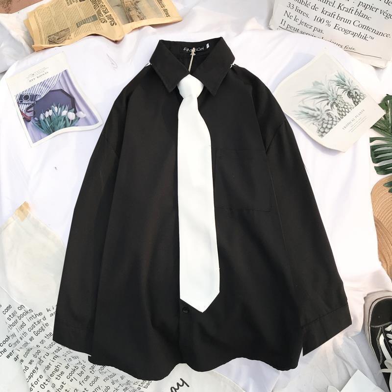 Damen Langarmshirt Umlegekragen Locker JK Uniform Studentenbluse Vintage Oversize Top Geschenk Krawatte