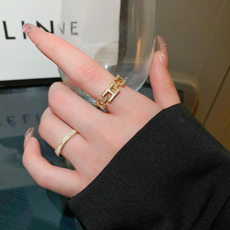 Gold Index Finger Zircon Combination Stacked Open Ring White Enamel Fashion Personality Light Luxury High-End Women