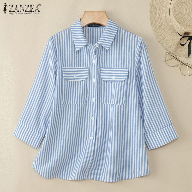 ZANZEA Women Turn Down Collar Loose Casual 3/4 Sleeve Stripe Blouse