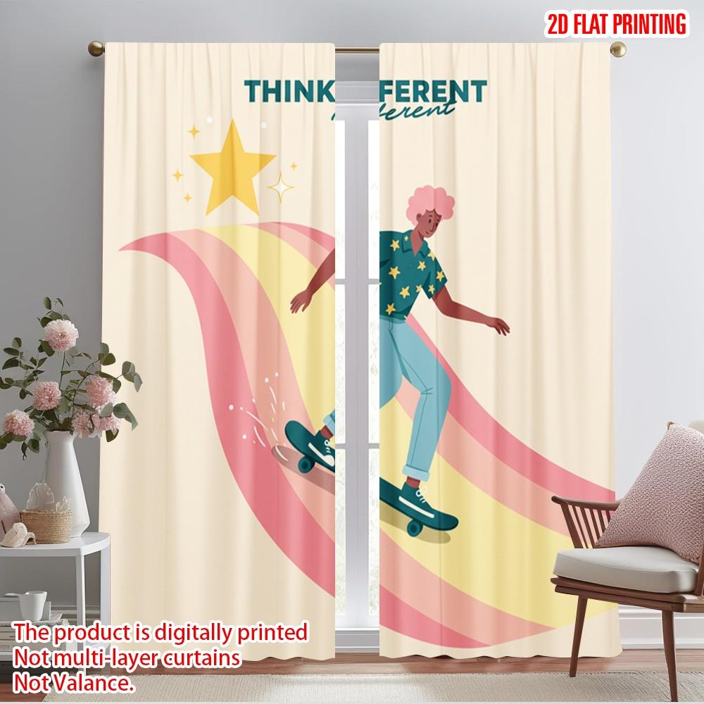 

2pcs 2D flat printing Curtains Skate Rainbow Star Dream Fabric Without Electricity Festive Wall Decor Use for Home Decor 52.50×116.00 CM 2pcs