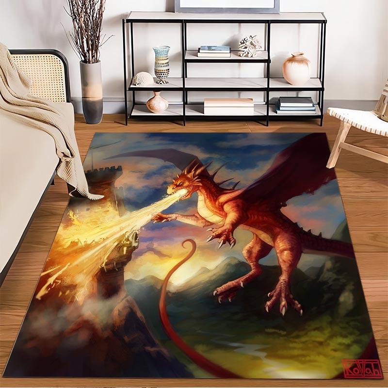 Fiery Dragon Attacking Castle with Scenic Background Fantasy Illustration Carpet Suitable for use as an anti-slip1 for1room and bedroom sofas