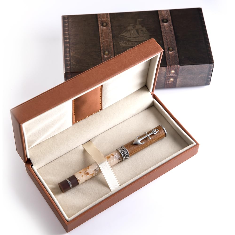 

Nautical Wooden Fountain Pen with Anchor Premium Gift Marbled Amber Finish Design, Box,