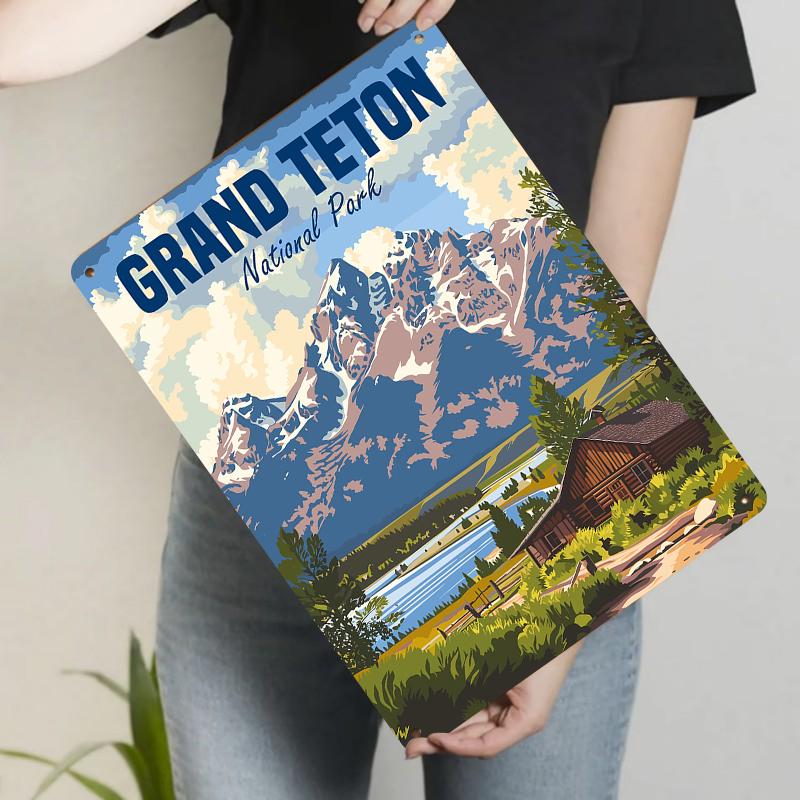 Grand Teton National Park Vintage Metal Wall Art Rustic Mountain Landscape Decor for Home Office 20x30cm（7.8x11.8inch）