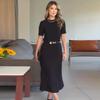 2024 Elegant Solid Color Round Neck Top & Slimming Midi Skirt Two-piece Set