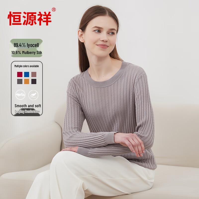 Hengyuanxiang Damen Seidenmischung Zopfmuster Langarm T-Shirt