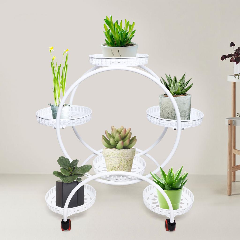 Stylish White Iron 6-Tier Plant Stand with Wheels, for Indoor Outdoor Use - Patio, Garden, Living Room, Balcony, Bedroom Decor