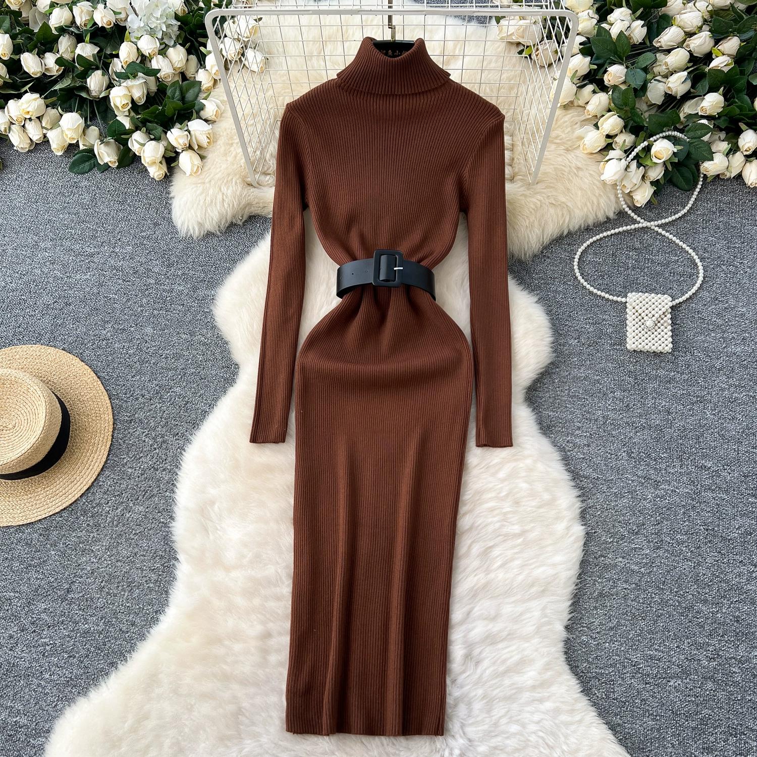 

Осень Зима Женский Элегантный Вязаный Свитер с Воротником Гольф Длинный Миди Облегающее Платье-Футляр для Офисной Работы с Поясом average size темно-коричневого